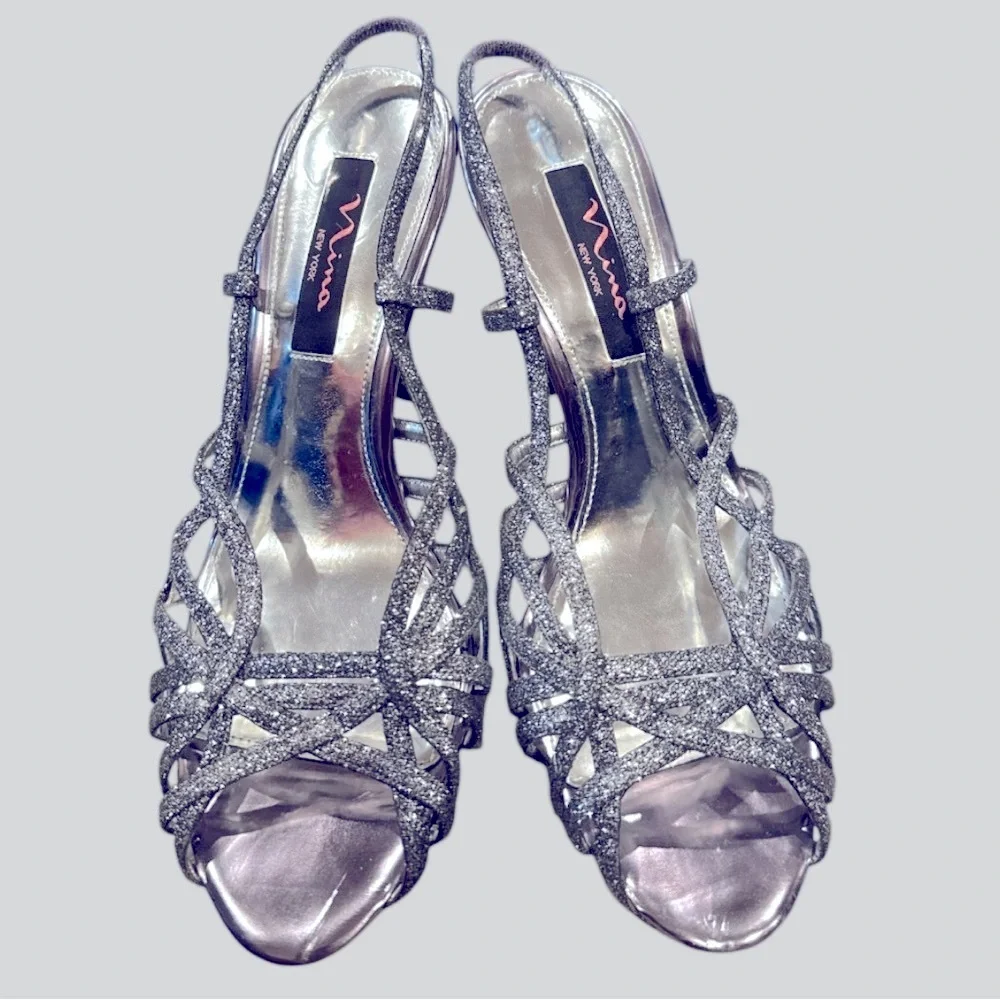 Nina New York Silver Stiletto Platform Slingback Heels Size 9 M‎